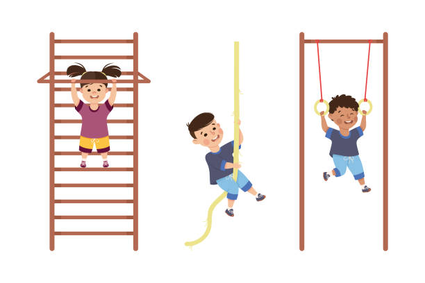 Little Boy and Girl Engaged in Physical Education at School Vector Set Little Boy and Girl Engaged in Physical Education at School Vector Set. Kid Practicing Primary Exercise in PE Concept girl climbing ladder stock illustrations