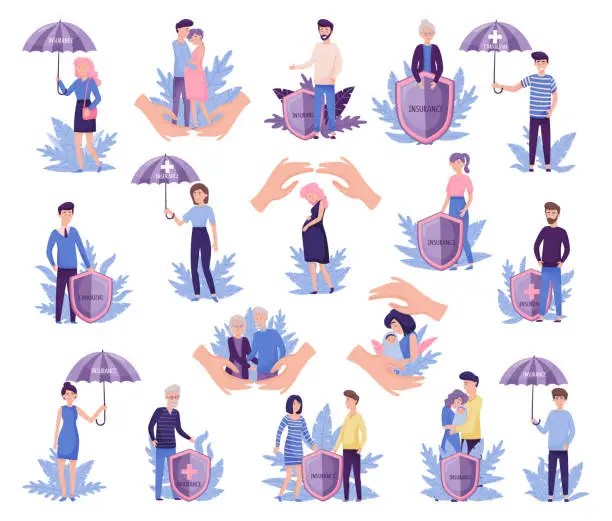 Vector illustration of People Life and Health Insurance Under Umbrella and Hand Protection Vector Set