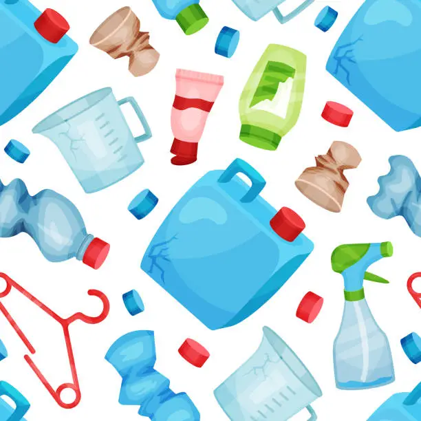 Vector illustration of Plastic Garbage and Trash Seamless Pattern Design with Bottle and Objects Vector Template