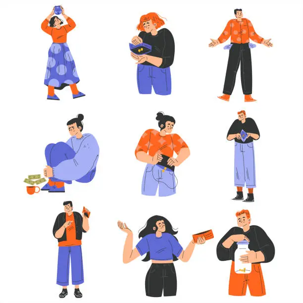 Vector illustration of Poor People Characters with Empty Pocket Having No Money Vector Set