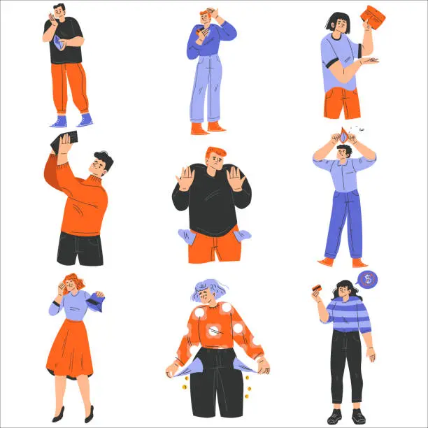 Vector illustration of Poor People Characters with Empty Pocket Having No Money Vector Set