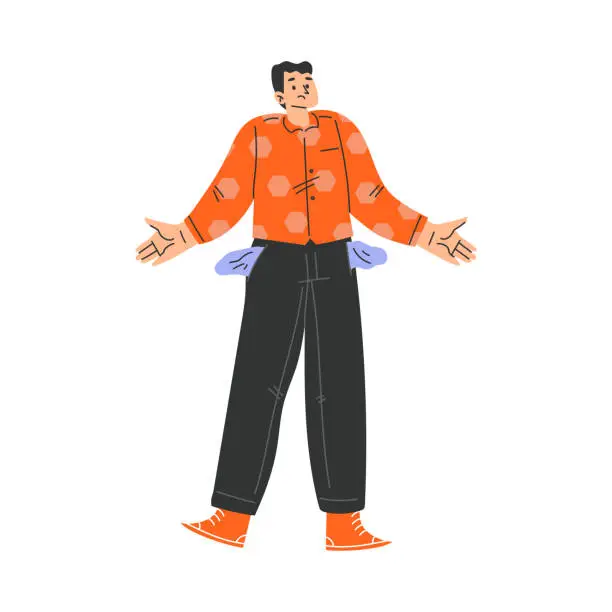 Vector illustration of Poor Man Character with Empty Pockets Standing Having No Money Vector Illustration