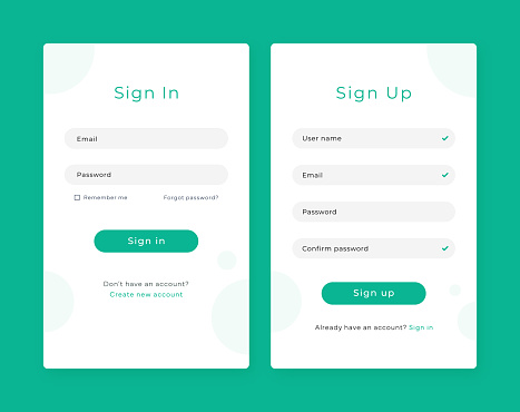 Registration form and login form page. Vector template for your design. Professional and User-friendly web and UI UX design elements. Username, email and password.