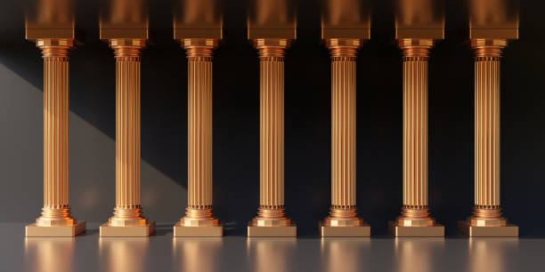 istock Six golden pillar in row on empty grey background. Ancient Greece, copy space. 3d render 1500249177