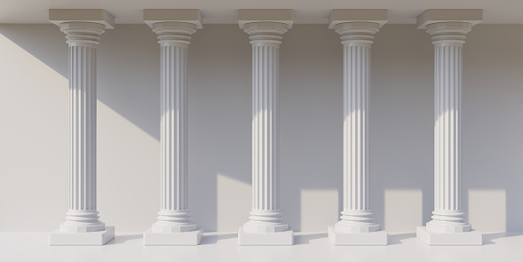 Five white marble pillar in row on empty white background. Pillar colonnade, classical Doric rhythm column architecture, copy space. 3d render