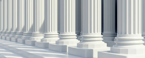 istock Double row of white marble pillar and stair in row. Down part column shadow on step banner 3d render 1500249179