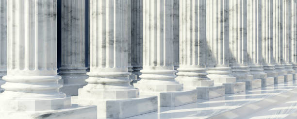 istock Double row white grey marble pillar, stair in row. Down part column shadow on step banner 3d render 1500249183