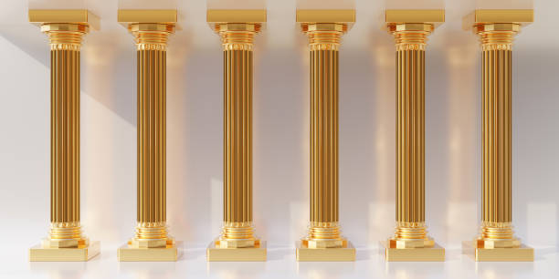 istock Six golden pillar in row isolated on empty white background. Ancient Greece, copy space. 3d render 1500249184