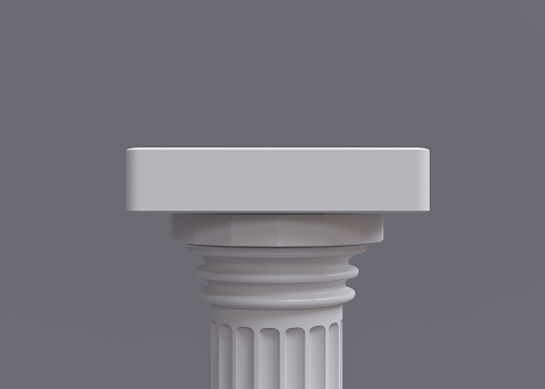 One white marble pillar on empty grey background. Pillar colonnade, classical upper part of Doric rhythm column architecture, copy space. 3d render