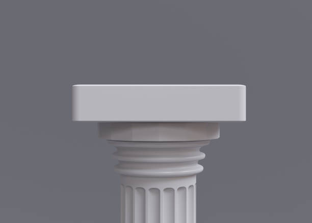 One white marble pillar part of Doric rhythm column on empty grey background, copy space. 3d render stock photo