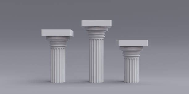tre podio bianco vincitore su sfondo grigio vuoto. ritmo dorico classico, spazio di copia. rendering 3d - colonna naturale foto e immagini stock