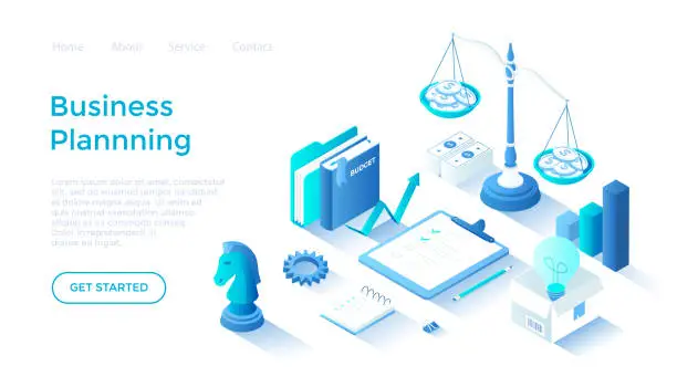 Vector illustration of Business Planning. Startup, success strategy, target, idea, investment, money making. Business plan on clipboard, budget. Isometric illustration. Landing page template for web on white background.