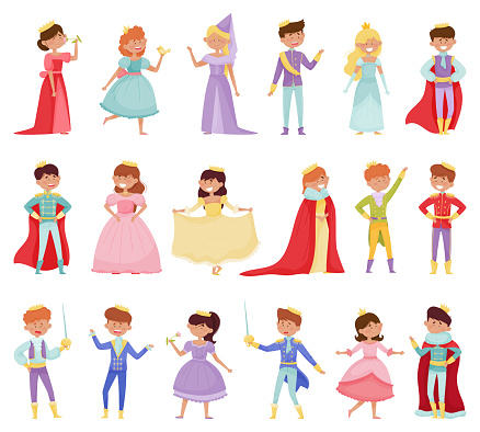 Cute Little Boys and Girl Prince and Princess in Gown with Crown Big Vector Set. Young Kids Dressed in Royal Garment