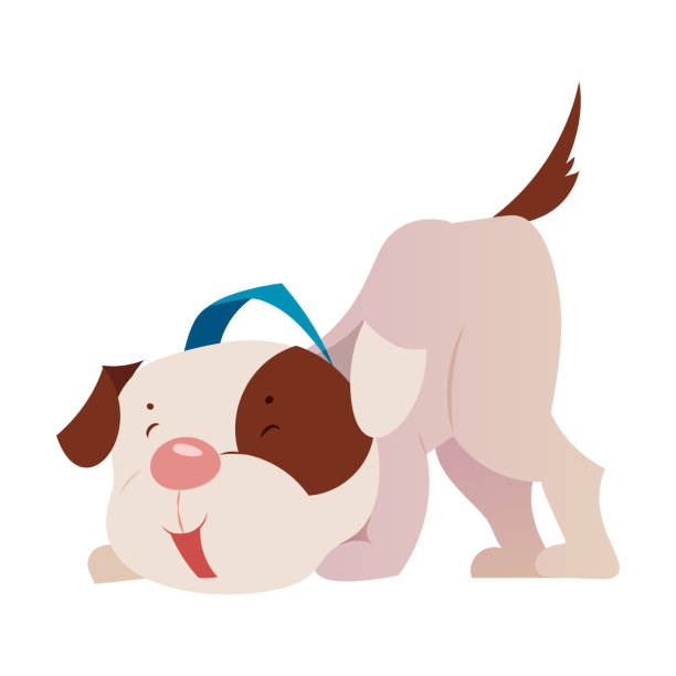 illustrazioni stock, clip art, cartoni animati e icone di tendenza di cucciolo sveglio con macchia marrone e colletto blu che gioca illustrazione vettoriale - dog spotted purebred dog kennel