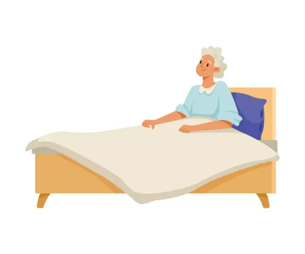 Vector illustration of Happy Aged Gray-haired Woman on Retirement Lying in Bed Vector Illustration