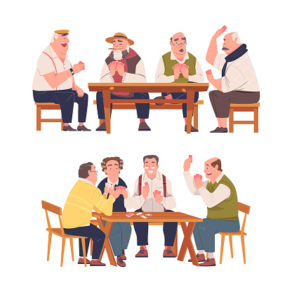 Senior Man Friends Playing Cards Game Sitting on Bench at Table Vector Set. Grey Haired Male Pensioner Engaged in Recreation Activity and Hobby Concept