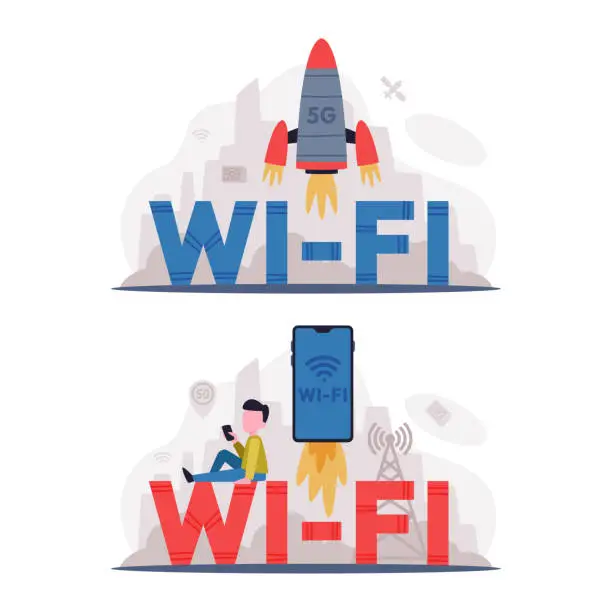 Vector illustration of 5G Network Wireless Technology with Man Using High-speed Internet Vector Set