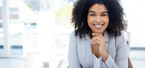 Happy, space and portrait of a woman at work for success, executive job and corporate professional. Smile, pride and a female employee at an agency for business, career successful with mockup