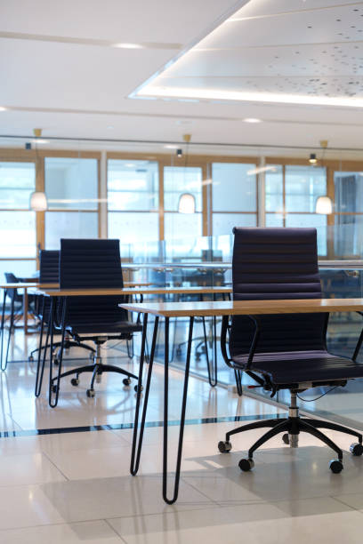 The open-plan co-sharing office has a modern look, featuring a spacious layout with rows of empty desks and office chairs arranged neatly.