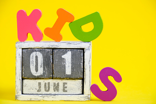 June 1, calendar, Child protection Day, word kids is laid out yellow, bright background