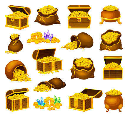 Riches with Sack and Open Treasure Chest Big Vector Set. Money Abundance with Gold Coins and Gemstones