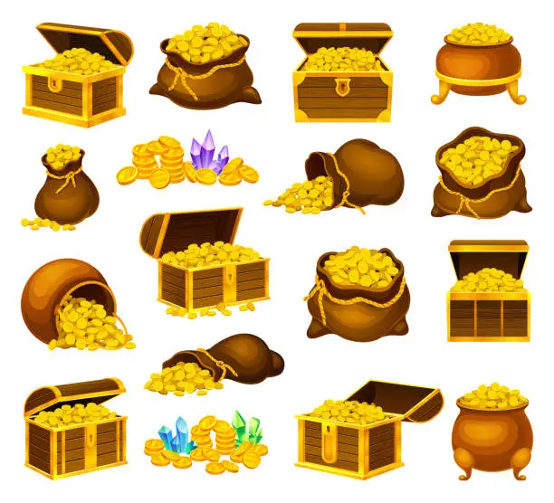 Vector illustration of Riches with Sack and Open Treasure Chest Big Vector Set