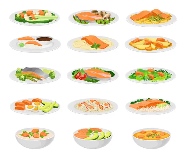 Vector illustration of Tasty Salmon Dish with Slabs of Fish Served on Plate with Garnish Big Vector Set