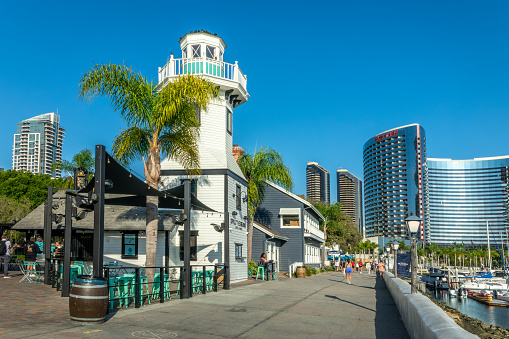 Old wooden house in San Diego Seaport village, California