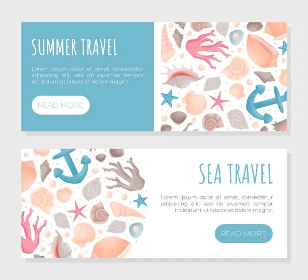 Vector illustration of Sea Life Decorative Banner Design with Conch and Cockleshell Vector Template