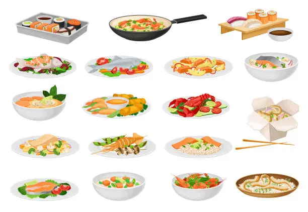 Vector illustration of Seafood Meal and Dish Served on Plate with Garnish Big Vector Set