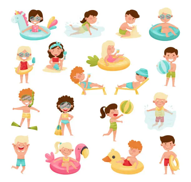 Vector illustration of Children at Sea Sunbathing on Beach and Swimming in Water Big Vector Set