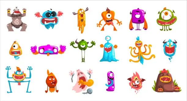 Vector illustration of Cartoon Monster with Spooky Muzzle with Teeth and Bulging Eye Big Vector Set
