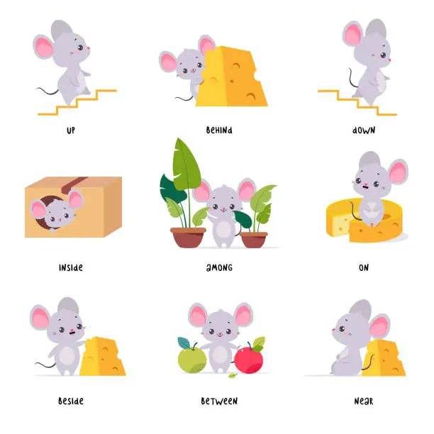 Vector illustration of Little Mouse and English Language Preposition for Educational Activity Vector Set