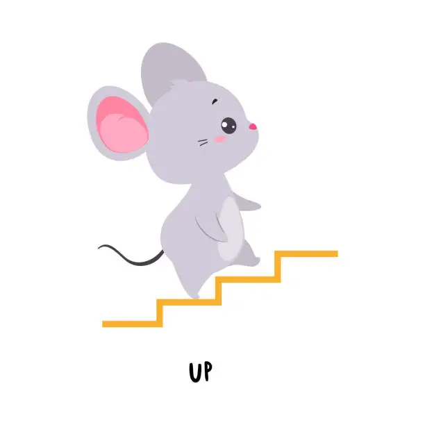 Vector illustration of Little Mouse Walking Up Staircase as English Language Preposition for Educational Activity Vector Illustration