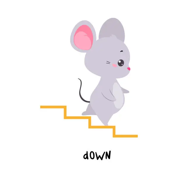 Vector illustration of Little Grey Mouse Walking Down Staircase as English Language Preposition for Educational Activity Vector Illustration