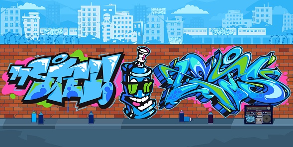 Colorful Outdoor Urban Streetart Graffiti Wall With Drawings Against The Background Of The Cityscape Vector