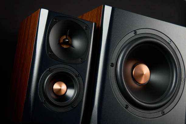 istock Audio system on dark background. Sound speakers 1500259726