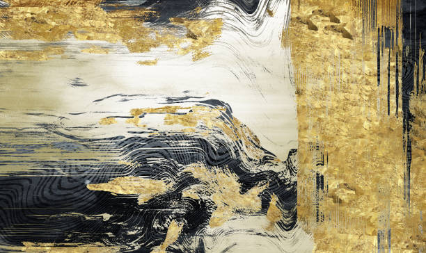 istock 3d Retro pattern, golden black curvy shapes, and white background. Abstract painting mural wallpaper artwork, drawing poster art. 1500261223