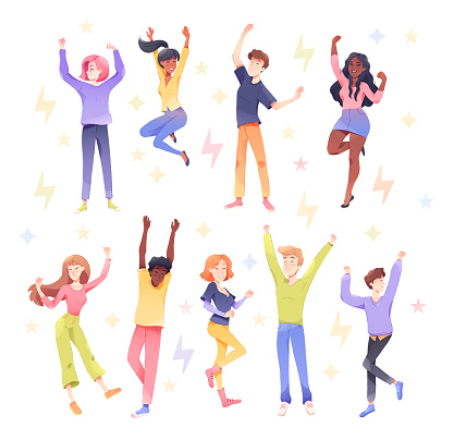 Happy People Characters Rejoicing and Cheering Vector Set. Excited Man and Woman Celebrating Victory and Success with Joy
