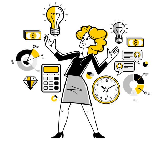 Business idea light bulb in a hands of creative successful woman entrepreneur, business person thinking and have an insight about solution and development, vector. Business idea light bulb in a hands of creative successful woman entrepreneur, business person thinking and have an insight about solution and development, vector. budget cuts stock illustrations