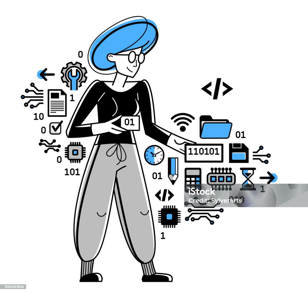 Computer Coding Job Drawing Programmer Is Coding And Repairing Some Machine System Vector Outline ...