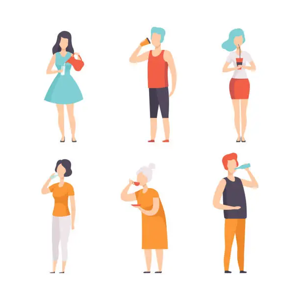 Vector illustration of People Characters Standing and Drinking Different Beverage Vector Set