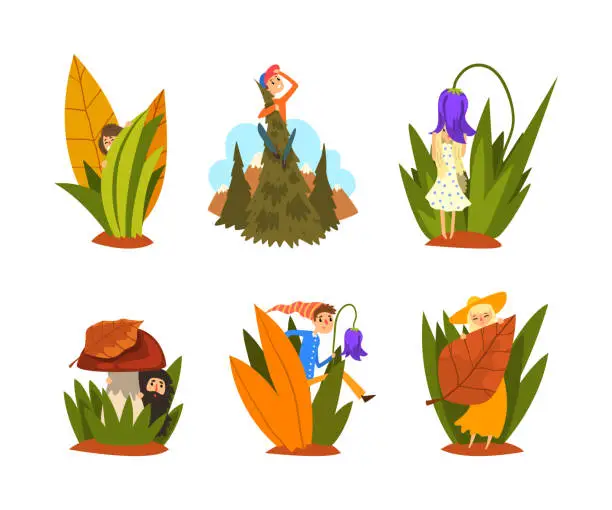 Vector illustration of Tiny Fairy People Walking in Tall Grass and Hiding Behind Mushroom and Blade Vector Set