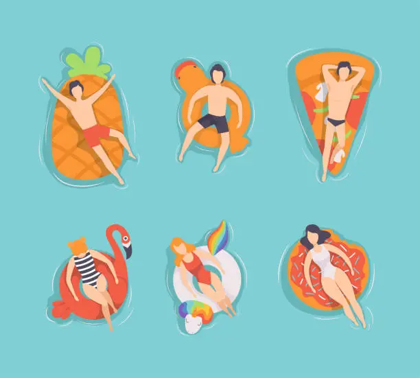 Vector illustration of People Characters Floating on Air Mattress and Rubber Ring in Swimming Pool Top View Vector Set