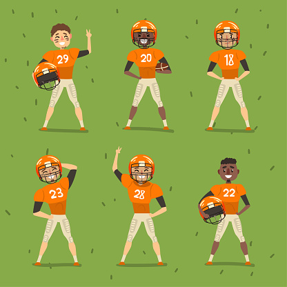 Male Rugby Players or American Football Players in Uniform and Helmets on Green Field Vector Set. Man Playing in Sport Game Match