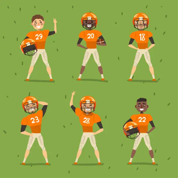 Vector illustration of Male Rugby Players or American Football Players in Uniform and Helmets on Green Field Vector Set
