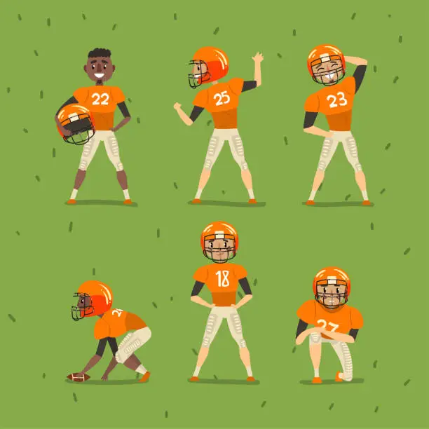 Vector illustration of Male Rugby Players or American Football Players in Uniform and Helmets on Green Field Vector Set