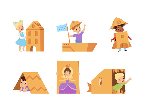 Little Kids Playing Game with Cardboard Boxes and Carton Vector Set. Happy Children Having Fun Engaged in Recreation Activity