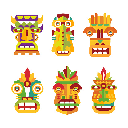 Tiki Tribal African Mask from Wood with Carved Ornament Vector Set. Traditional Ancient Totem and Ritual Symbol