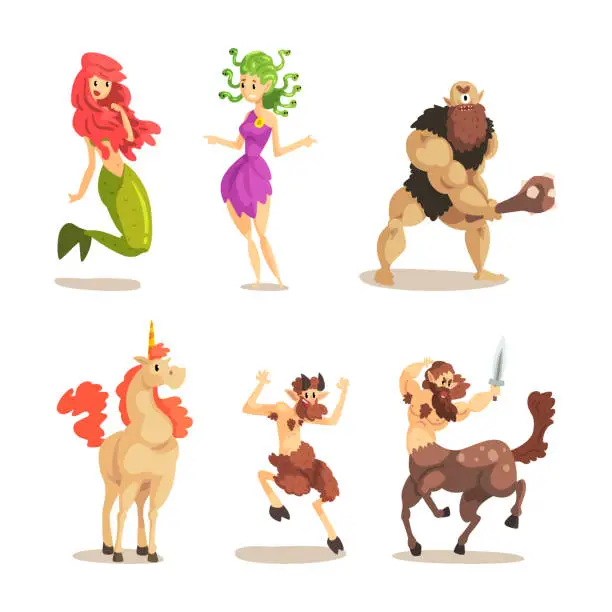 Vector illustration of Various Magical Mythical Creatures with Mermaid, Medusa, Cyclops, Centaur, Faun and Unicorn Vector Set